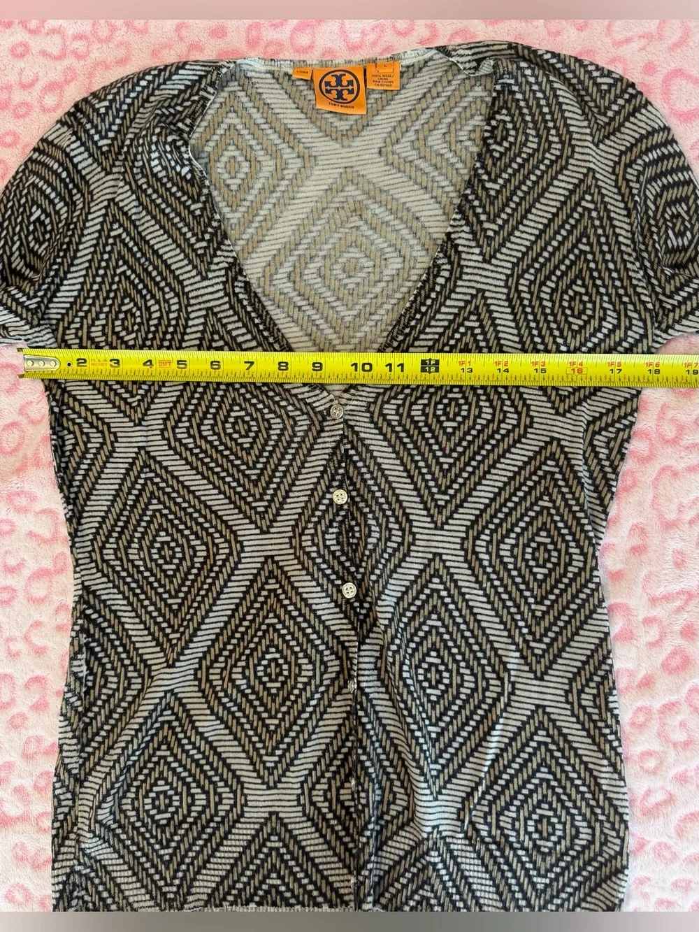 Tory Burch Button Up Cardigan Women’s Geometric  Sleeve Stretch 100% Wool Size:L